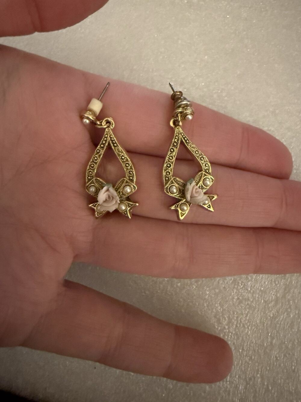 Vintage 1928 Brand Filigree Rose Drop Earrings Victorian Revival